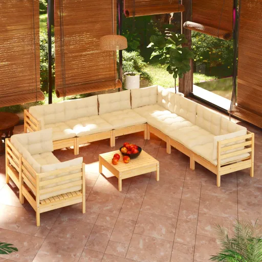 Conjunto Lounge Jardim c/ Almofadões Creme Pinho Maciço (10 pcs)