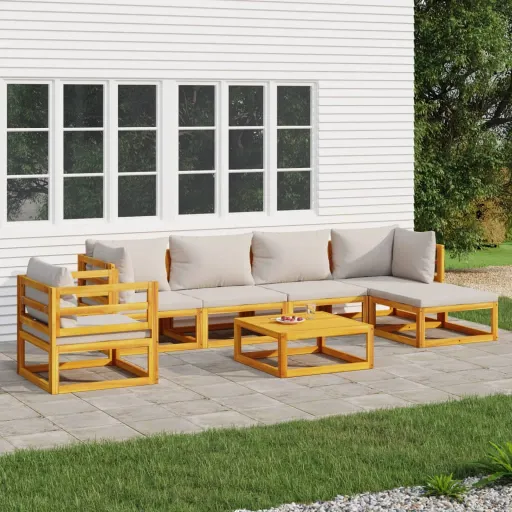 Conjunto Lounge de Jardim Madeira c/Almofadões Cinza-Claro (7 pcs)
