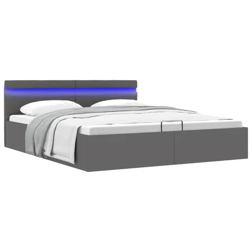 Cama Hidráulica c/ Arrumação LED 160x200cm Couro Artific. Cinza