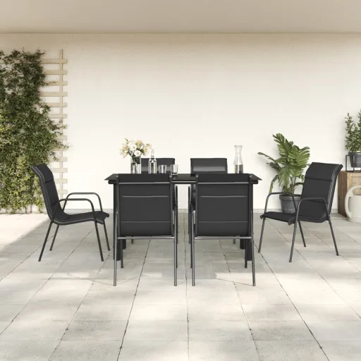 Conjunto de Jantar para Jardim Aço e Textilene Preto (7 pcs)