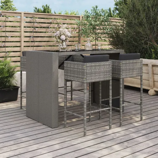 Conjunto de Bar p/ Jardim c/ Almofadões Vime PE Cinzento (5 pcs)