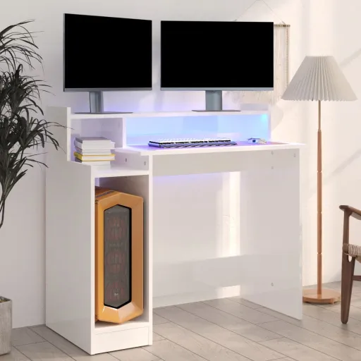 Secretária c/ LED 97x45x90cm Derivados Madeira Branco Brilhante