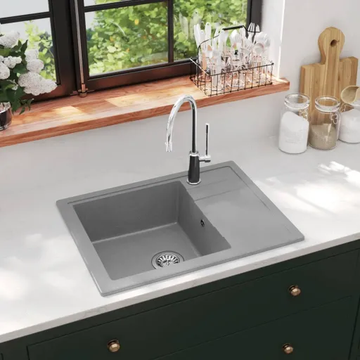 Lava-Louça Cozinha Orifício Extravasamento Oval Granito Cinza