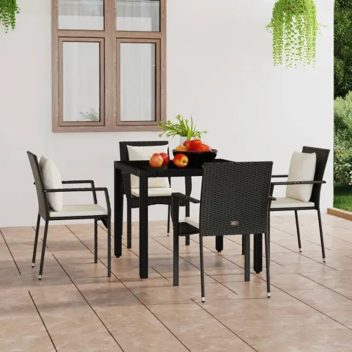 Cadeiras de Jardim com Almofadões   Vime PE Preto (4 pcs)