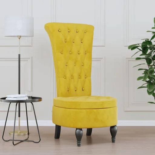 Cadeirão com Encosto Alto Veludo Amarelo Design de Botões