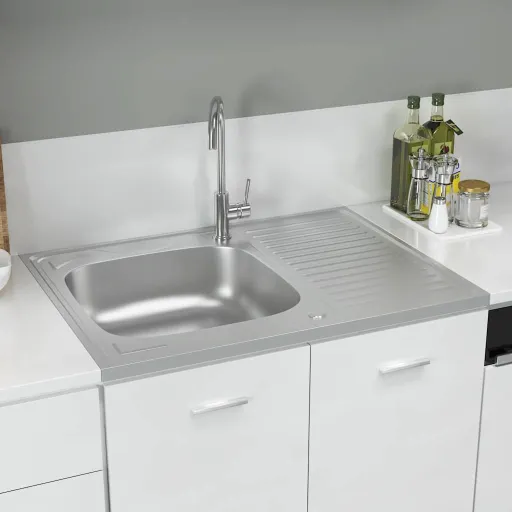 Lava-Louça Cozinha + Escorredor 800x600x155mm Aço Inox Prateado