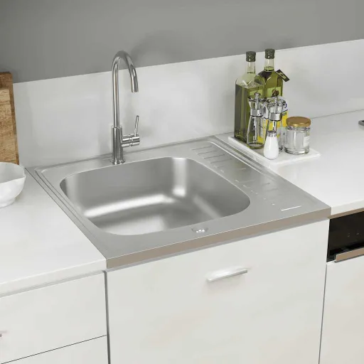 Lava-Louça Cozinha + Escorredor 600x600x155mm Aço Inox Prateado