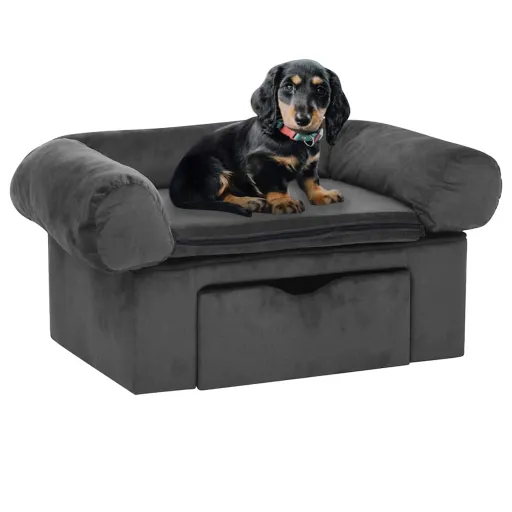 Sofá para Cães com Gaveta 75x50x38 cm Pelúcia Cinzento-Escuro