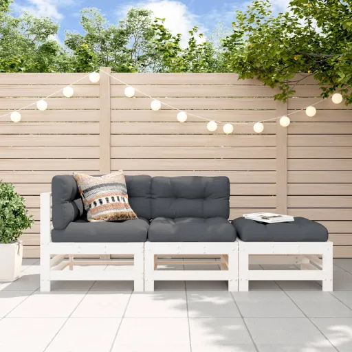 Conjunto Lounge Jardim c/ Almofadões Madeira Maciça Branco (3 pcs)