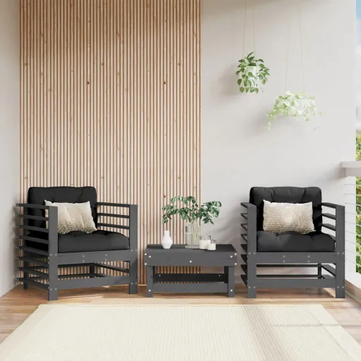 Cadeiras de Jardim c/ Almofadões   Pinho Maciço Cinzento (2 pcs)