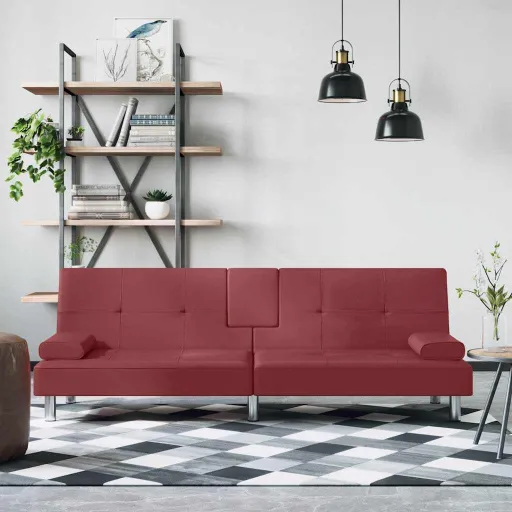 Sofá-Cama com Suporte p/ Copos Couro Artificial Vermelho Tinto