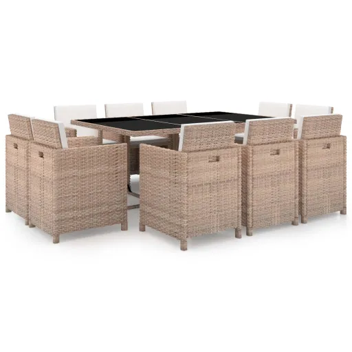 Conjunto Jantar Exterior com Almofadões Vime PE Bege (11 pcs)