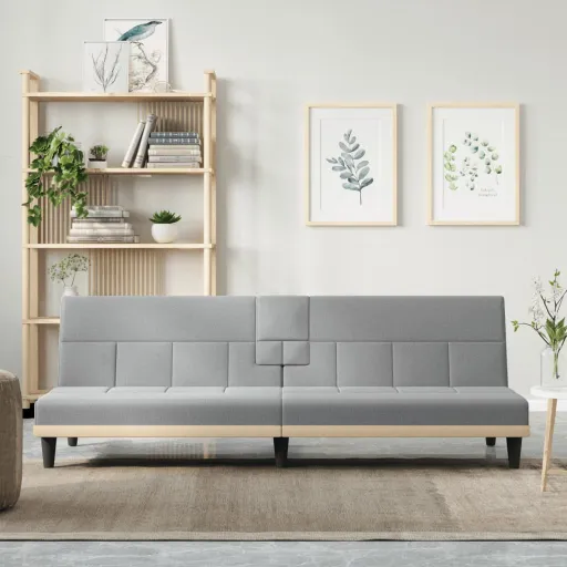Sofá-Cama com Suportes para Copos Tecido Cinzento-Claro