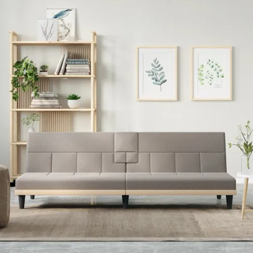 Sofá-Cama com Suportes para Copos Tecido Cinzento-Acastanhado