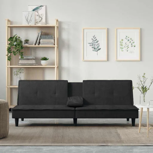 Sofá-Cama com Suporte para Copos Veludo Preto