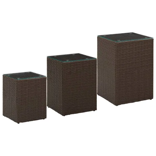 Mesas de Apoio com Tampo de Vidro   Vime PE Castanho (3 pcs)