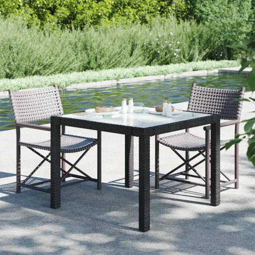 Mesa de Jardim 90x90x75 cm Vidro Temperado e Vime PE Preto