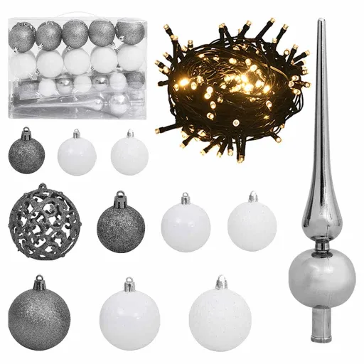 Conj. de Bolas de Natal   c/ Pico e 150 LEDs Branco/Cinza (60 pcs)