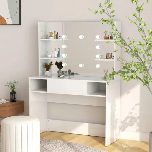 Mesa de Maquilhagem c/ LEDs 100x40x135 cm MDF Branco Brilhante