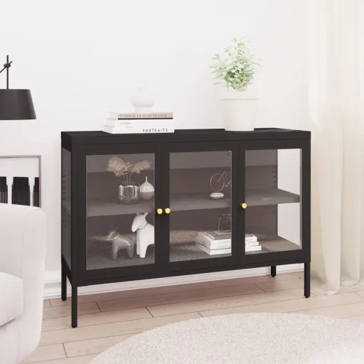 Aparador 105x35x70 cm Vidro e Aço Preto