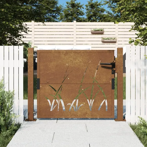 Portão de Jardim 100x75 cm em Aço Corten com Design de Grama