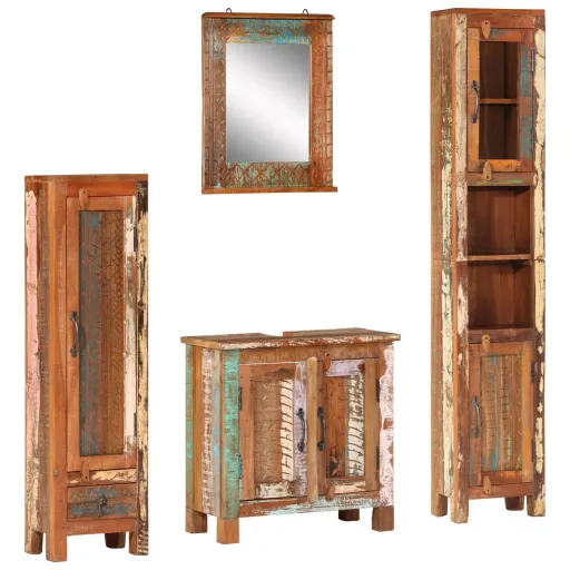 Conj. Móveis p/ Casa de Banho Madeira Recuperada Maciça (4 pcs)