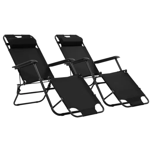 Espreguiçadeiras Dobráveis com Apoios de pé   Aço Preto (2 pcs)
