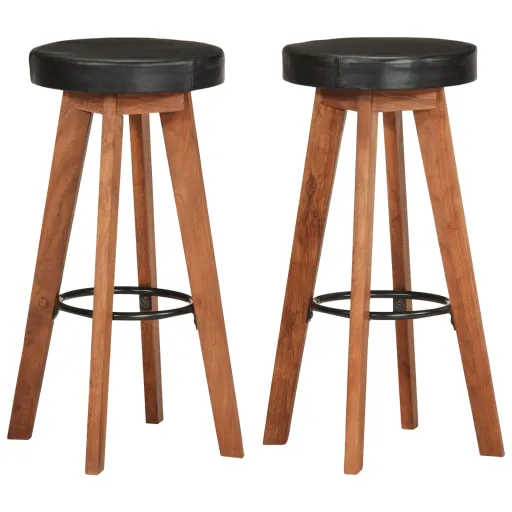 Bancos de Bar   Madeira de Acácia Maciça e Couro Genuíno (2 pcs)