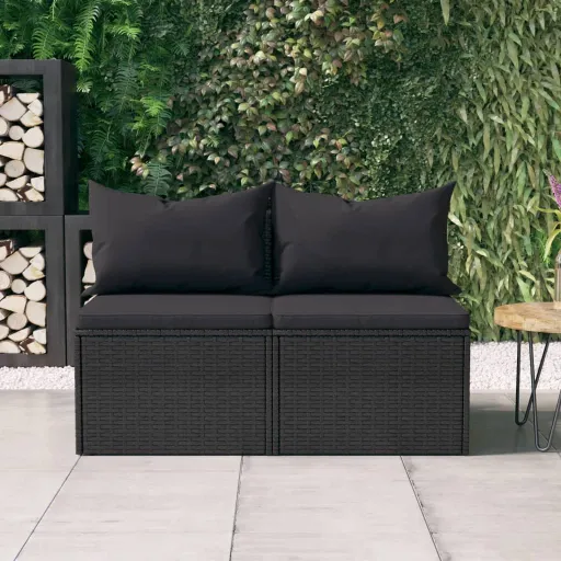 Sofás de Centro p/ Jardim c/ Almofadões   Vime PE Preto (2 pcs)