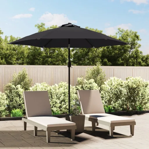 Guarda-Sol Exterior c/ Luzes LED e Poste Aço 300 cm Preto