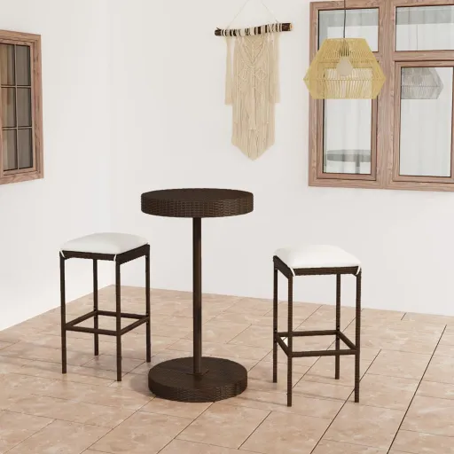 Conjunto de Bar p/ Jardim com Almofadões Vime PE Castanho (3 pcs)