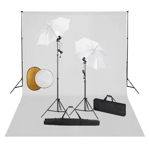 Kit Estúdio Fotográfico com Lâmpadas/Sombrinhas/Fundo/Refletor