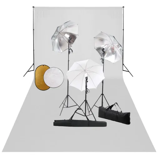 Kit Estúdio Fotográfico com Lâmpadas/Sombrinhas/Fundo/Refletor