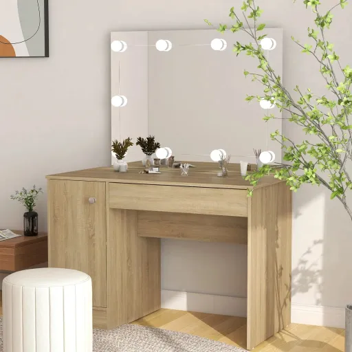 Mesa de Maquilhagem c/ Luzes LED 110x55x145 cm MDF Cor Carvalho