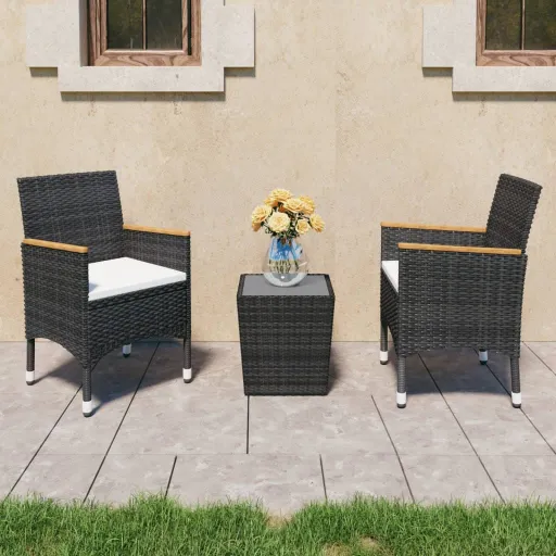 Conjunto de Bistrô Vime PE e Vidro Temperado Preto (3 pcs)