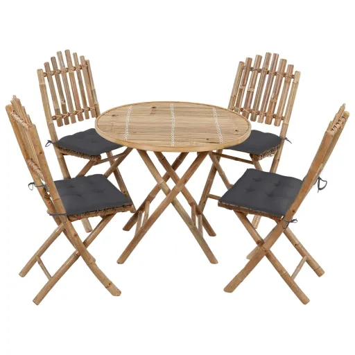 Conj. de Jantar Dobrável c/ Almofadões p/ Exterior Bambu (5 pcs)