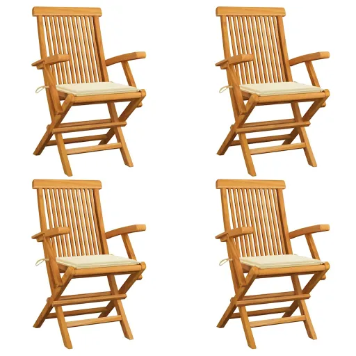 Cadeiras de Jardim c/ Almofadões Creme   Teca Maciça (4 pcs)