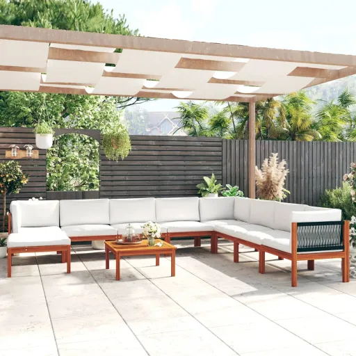 Conjunto de Lounge de Jardim  com 9 Peças e Almofadas em Madeira de Acácia Creme e Corda