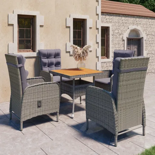Conjunto de Jantar para Jardim Vime PE e Acácia Cinzento (5 pcs)