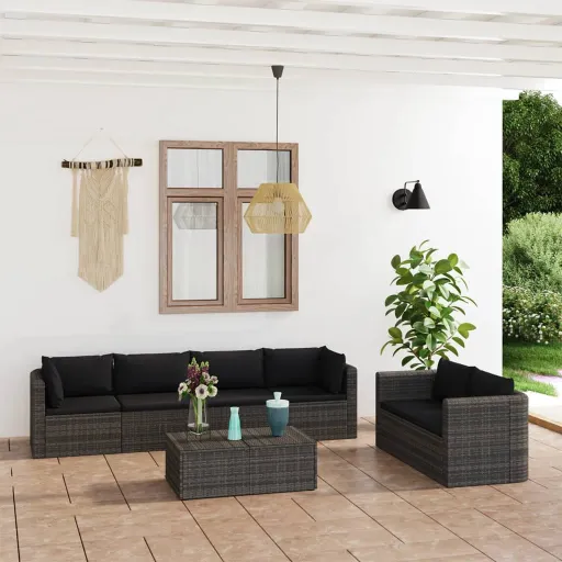 Conjunto Lounge de Jardim c/ Almofadões Vime PE Cinzento (7 pcs)