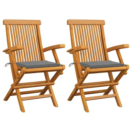 Cadeiras de Jardim c/ Almofadões Cinzentos   Teca Maciça (2 pcs)