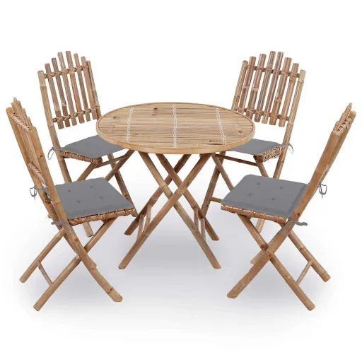 Conj. de Jantar Dobrável c/ Almofadões p/ Exterior Bambu (5 pcs)