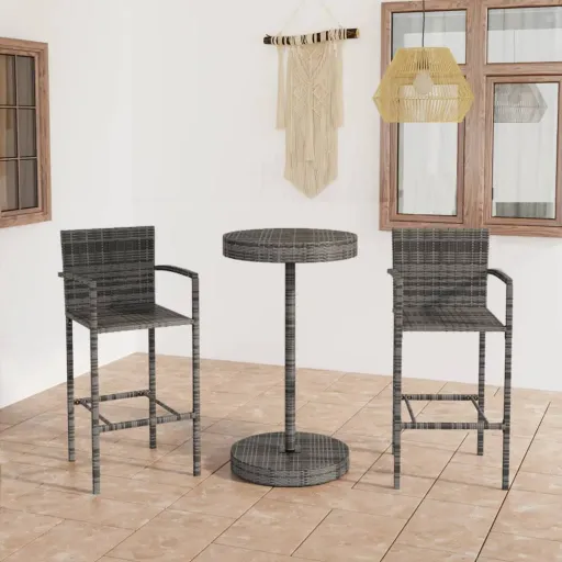 Conjunto de Bar para Jardim Vime PE Cinzento (3 pcs)
