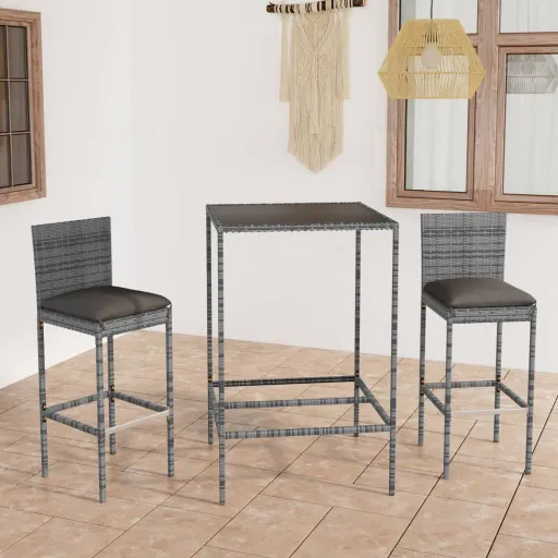 Conjunto de Bar p/ Jardim c/ Almofadões Vime PE Cinzento (3 pcs)