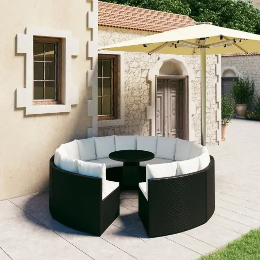 Conjunto Sofás de Jardim c/ Almofadões Vime PE Preto (9 pcs)