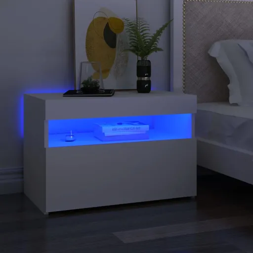 Mesa de Cabeceira & Luzes LED 60x35x40 cm Deriv. Madeira Branco