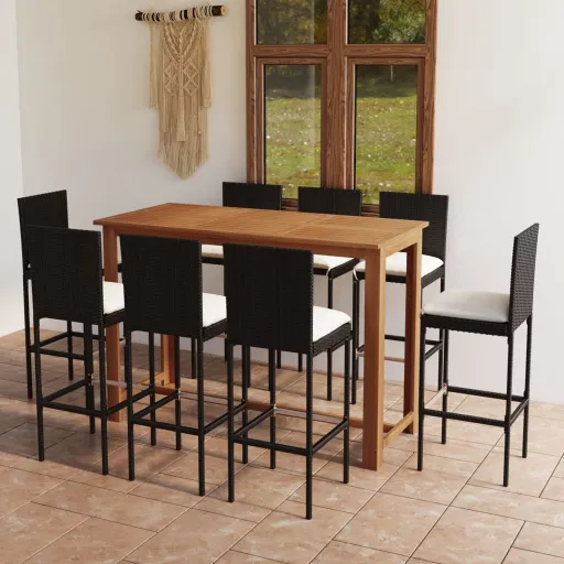 Conjunto de Bar para Jardim com Almofadões Preto (9 pcs)