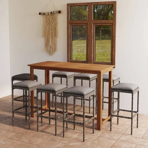 Conjunto de Bar para Jardim com Almofadões Cinzento (9 pcs)