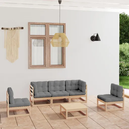 Conjunto Lounge de Jardim com Almofadões Pinho Maciço (6 pcs)