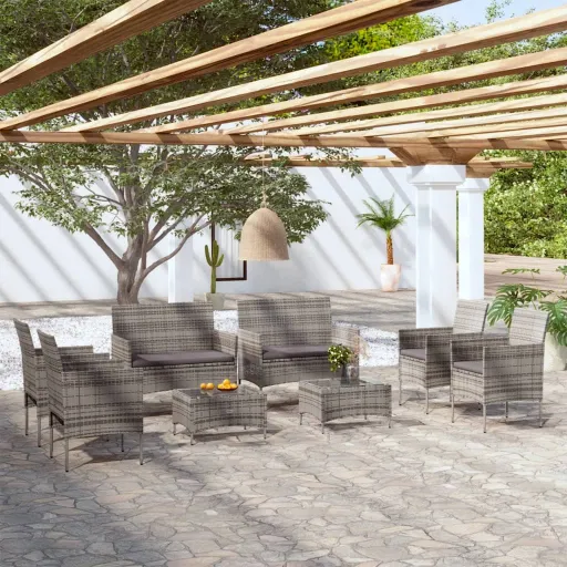 Conjunto Lounge de Jardim c/ Almofadões Vime PE Cinzento (8 pcs)